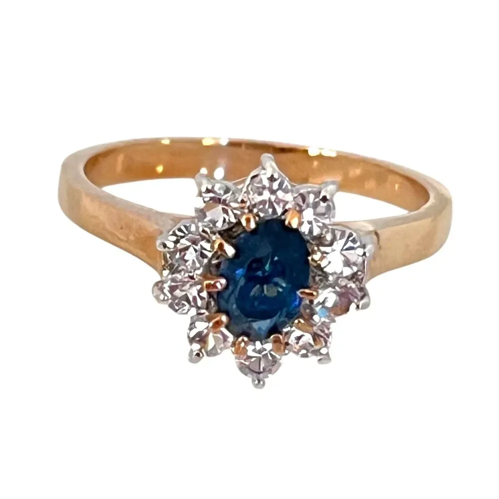 Vintage 1980s Ring Size 8 Blue Austrian Crystal Cluster Gold Plated - 10N